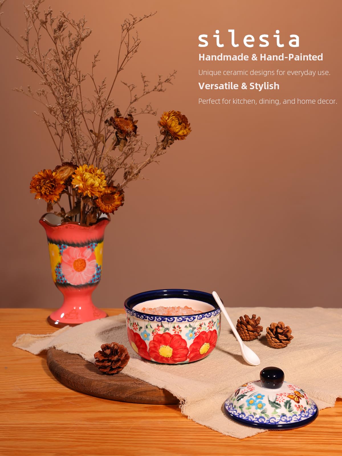 Handmade Sugar Bowl with Lid and Spoon, 10 Ounce Ceramic Hand-Painted Sugar Jar for Kitchen Oven, Dishwasher & Microwave Safe, Glazed