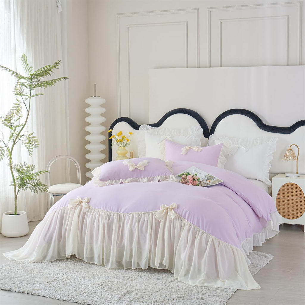 Ruffle Duvet Cover Bedding Set with Bowtie, 2 Pieces Comforter Cover Set with Zipper Closure with Pillowcase