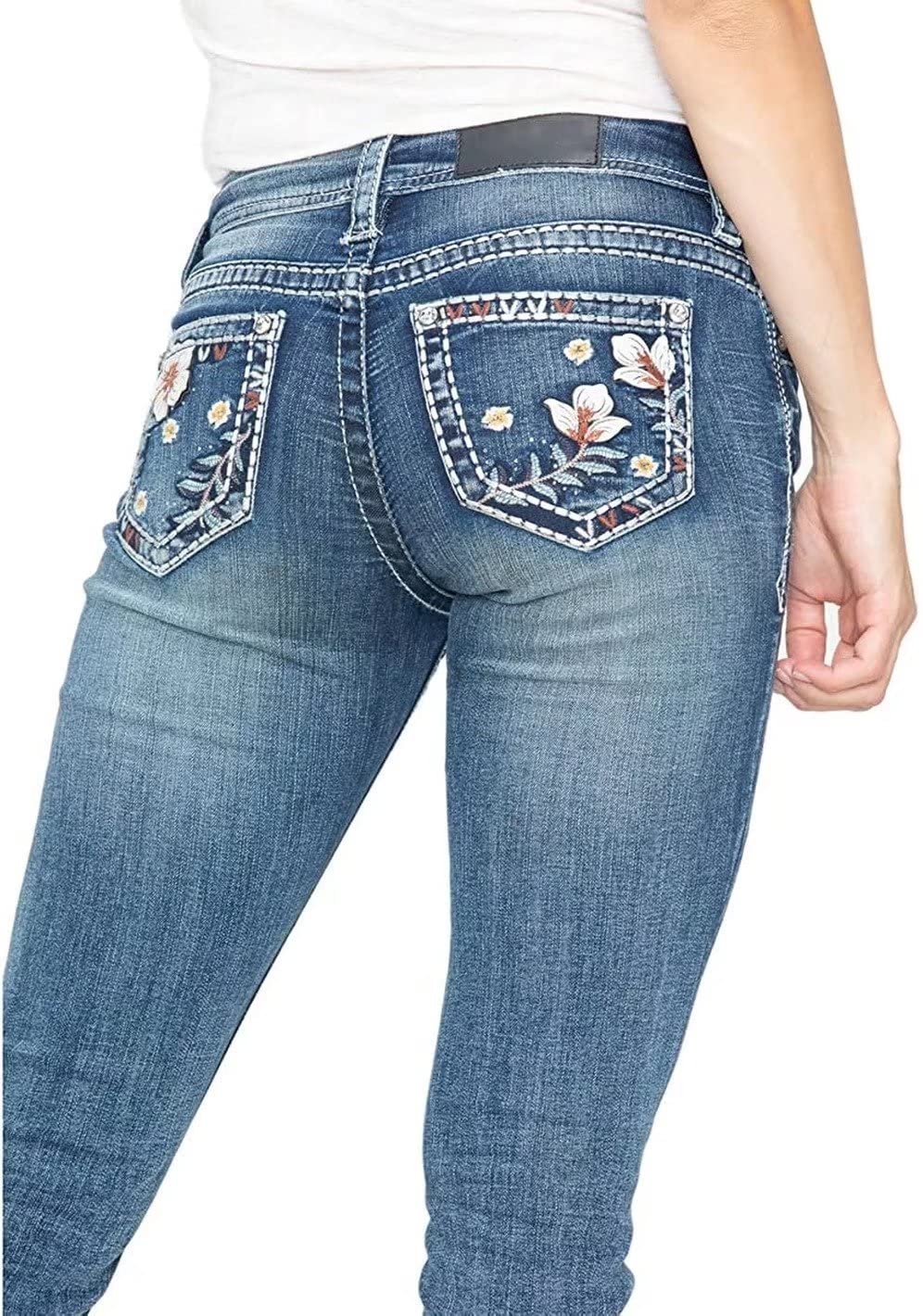 Women Bootcut Jeans, Stretchy Feather Flower Embroidery Mid Rise Slim Straight Leg Pants Jeans