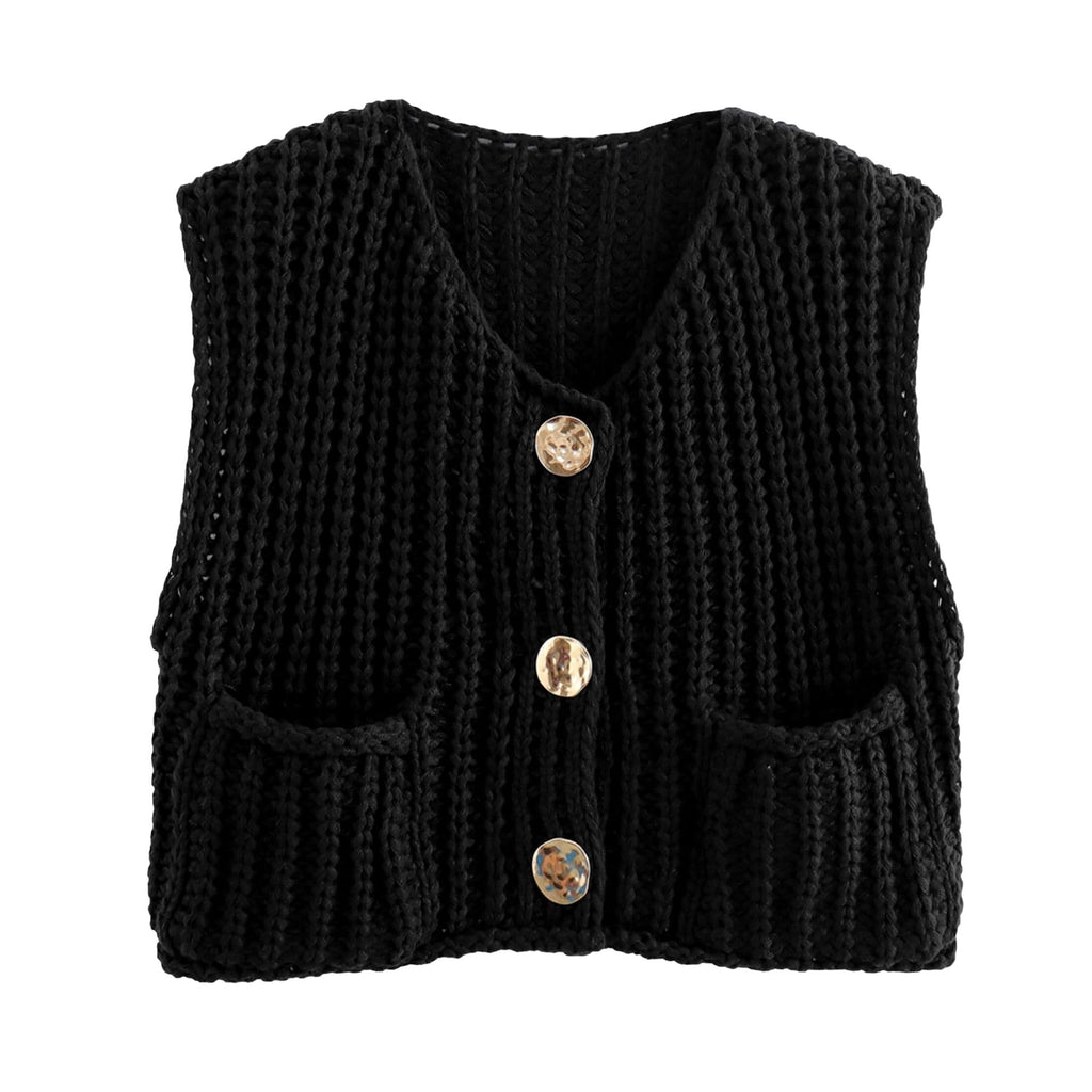 Women's Cropped Sweater Vest Cute Crewneck Button Down Sleeveless Crop Knit Cardigan with Pocket