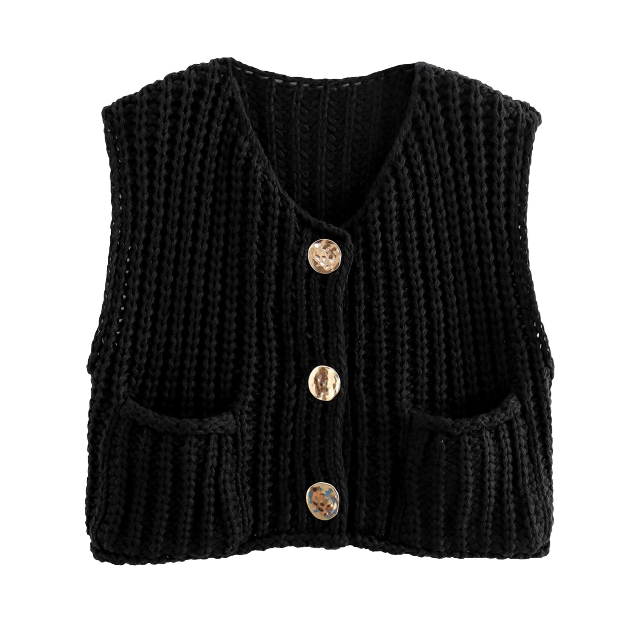 Women's Cropped Sweater Vest Cute Crewneck Button Down Sleeveless Crop Knit Cardigan with Pocket