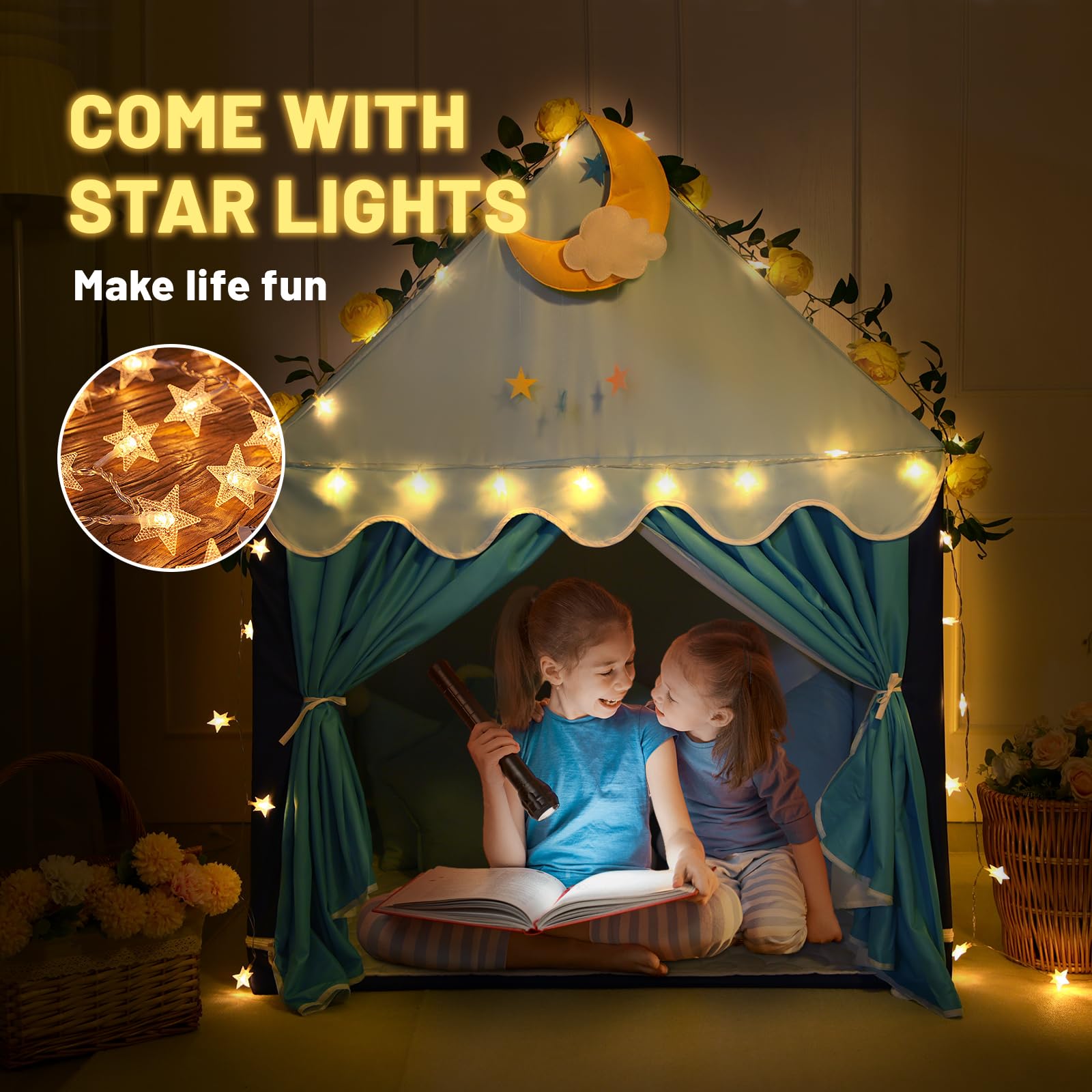 Kid Tent with Mat, Star Lights - Kids Play Tents for Toddlers Kids Tents Indoor Playhouse - Princess Tent for Girls Toy House