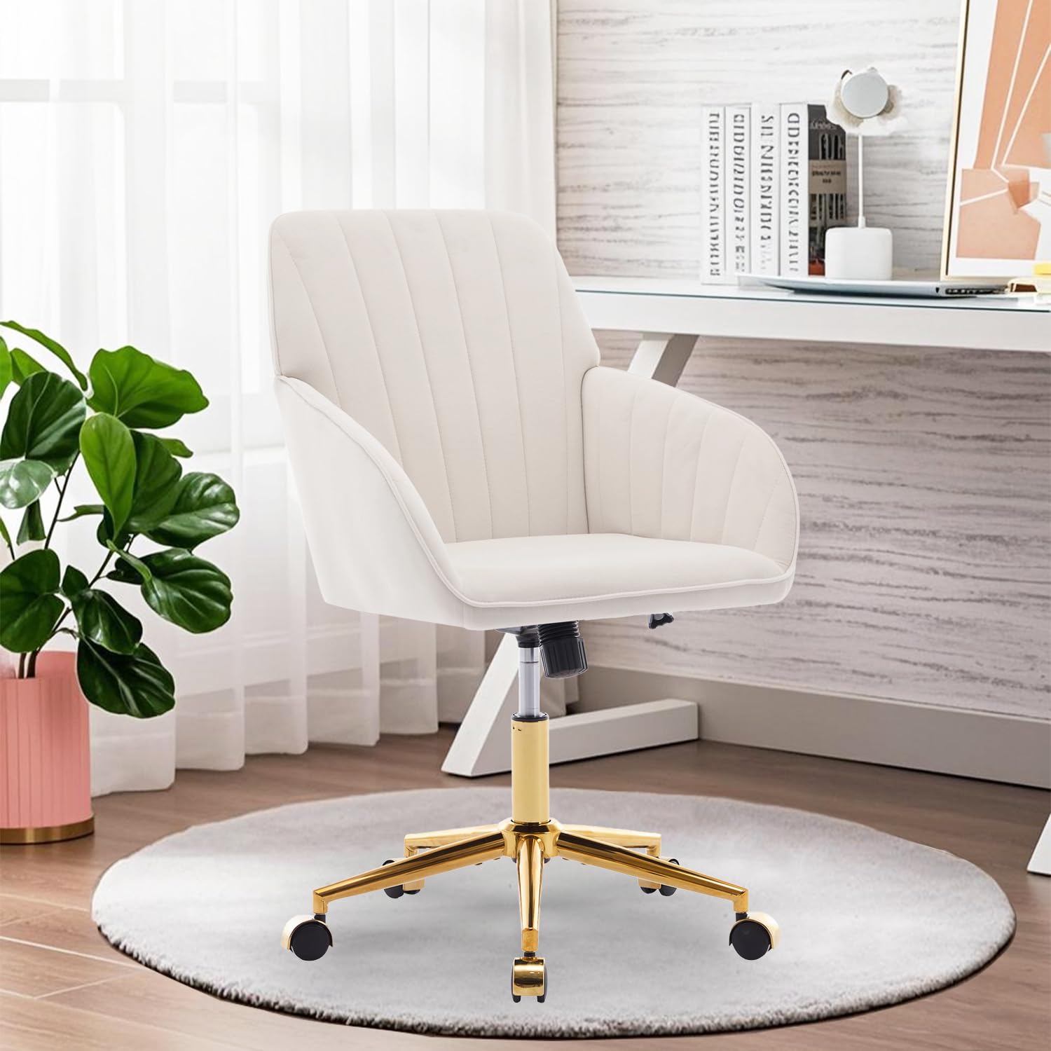 Modern Vanity Velvet Adjustable Low Back Rolling Chair, Twill Upholstered Cute Chair with Wheels