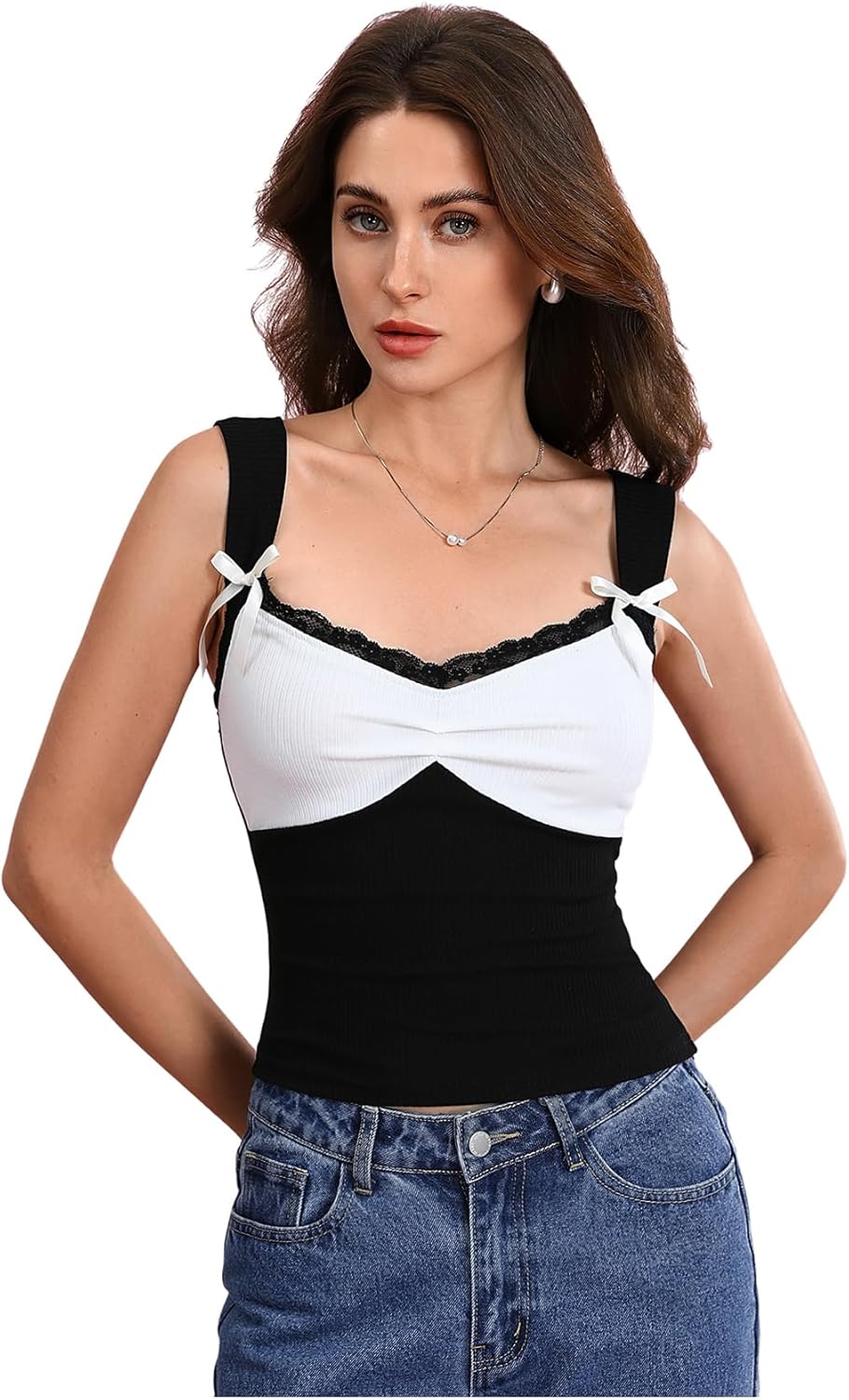 Women's Lace Trim Color Block Tank Tops Bow Sleeveless Vets Shirts Coquette Outfits