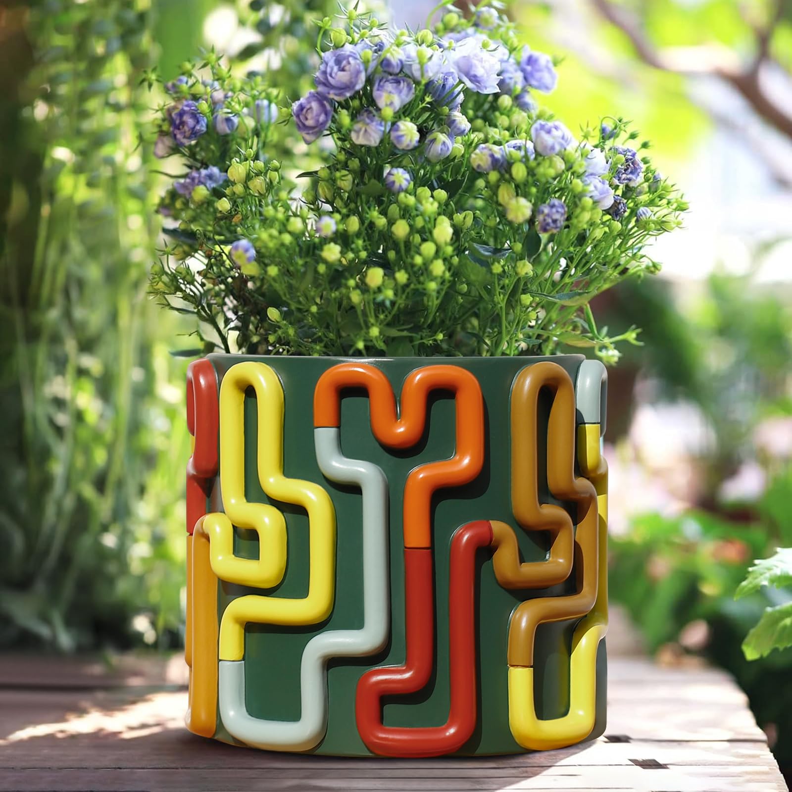 Colorful Squiggle Lines Planters Cute Unique Rainbow Planter with Drainage, Vintage Retro Flower Plant pots for Indoor & Outdoor Plants, Eclectic Succulent Gardening Pot for Boho Modern Décor