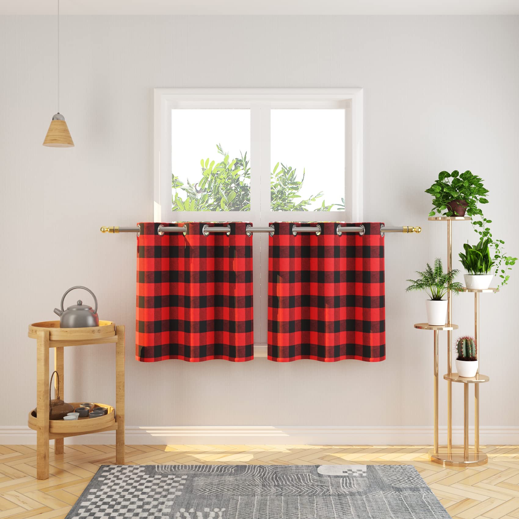 Tier Curtains Check Gingham Plaid Window Curtain Panels Bathroom Grommet Top Window Treatment 2 Panels