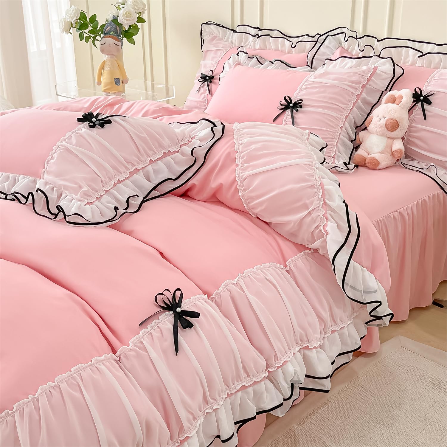 Duvet Cover Ruffle Beddding Set with Bowtie - 3 Pieces Comforter Cover Set with Zipper Closure & Pillowcase - Comforter Not Included