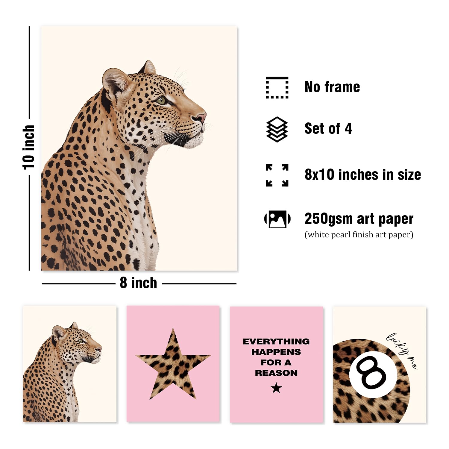 Trendy Leopard Wall Art Prints Set of 4 Funky Lucky 8 Ball Posters Prints Preppy Room Aesthetic Cheetah Wall Decor for Girls Room Dorm Apartment 8x10 Unframed