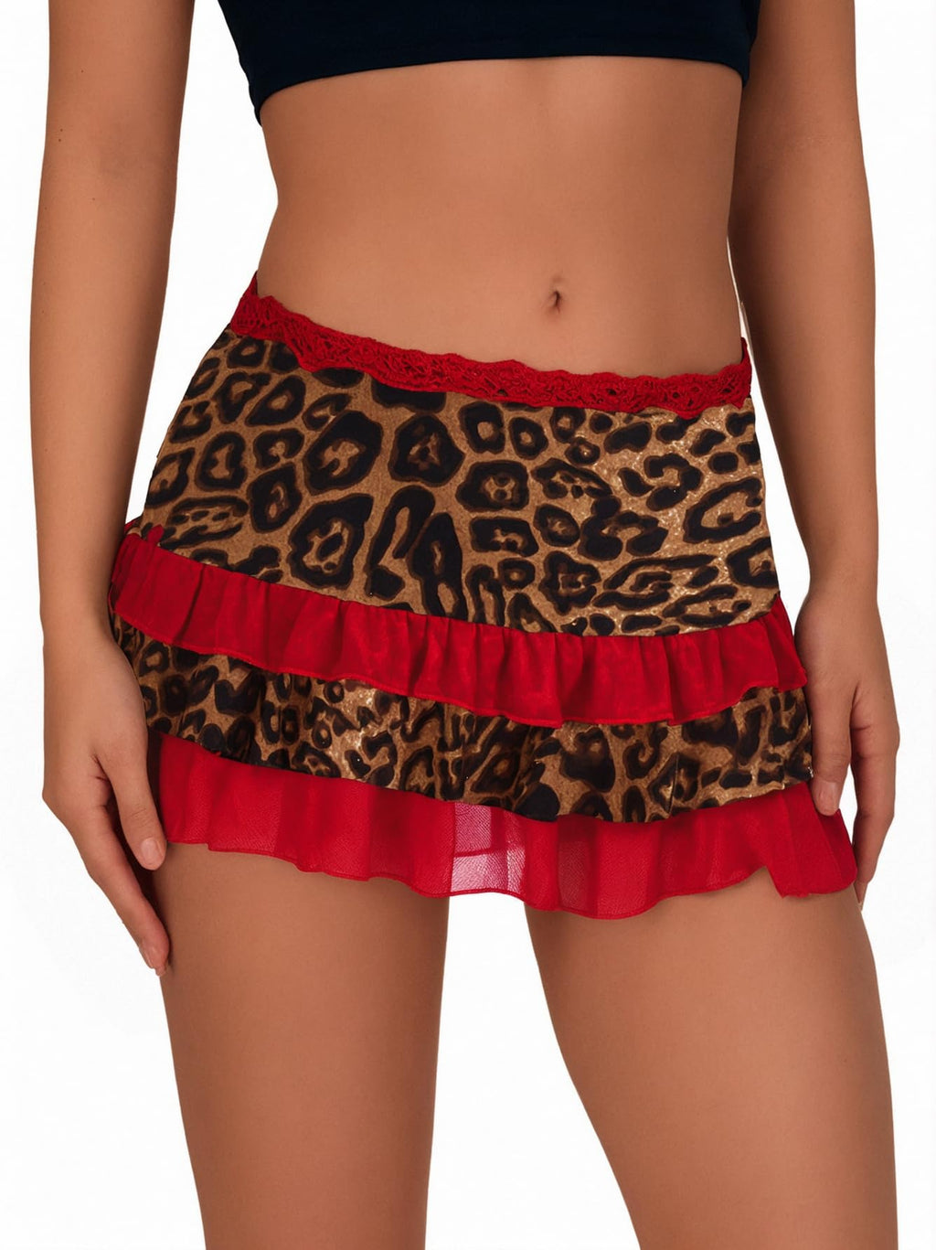 Women Leopard Print Low Rise Mini Skirt Y2k Contrast Mesh Layered Skirts