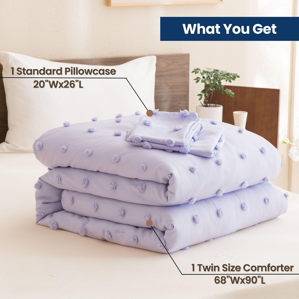 Comforter Set, 2 Pieces- Soft Cotton Lightweight Comforter with 1 Pillowcase, Chenille Dots All Season Down Alternative Comforter Set for Bedding