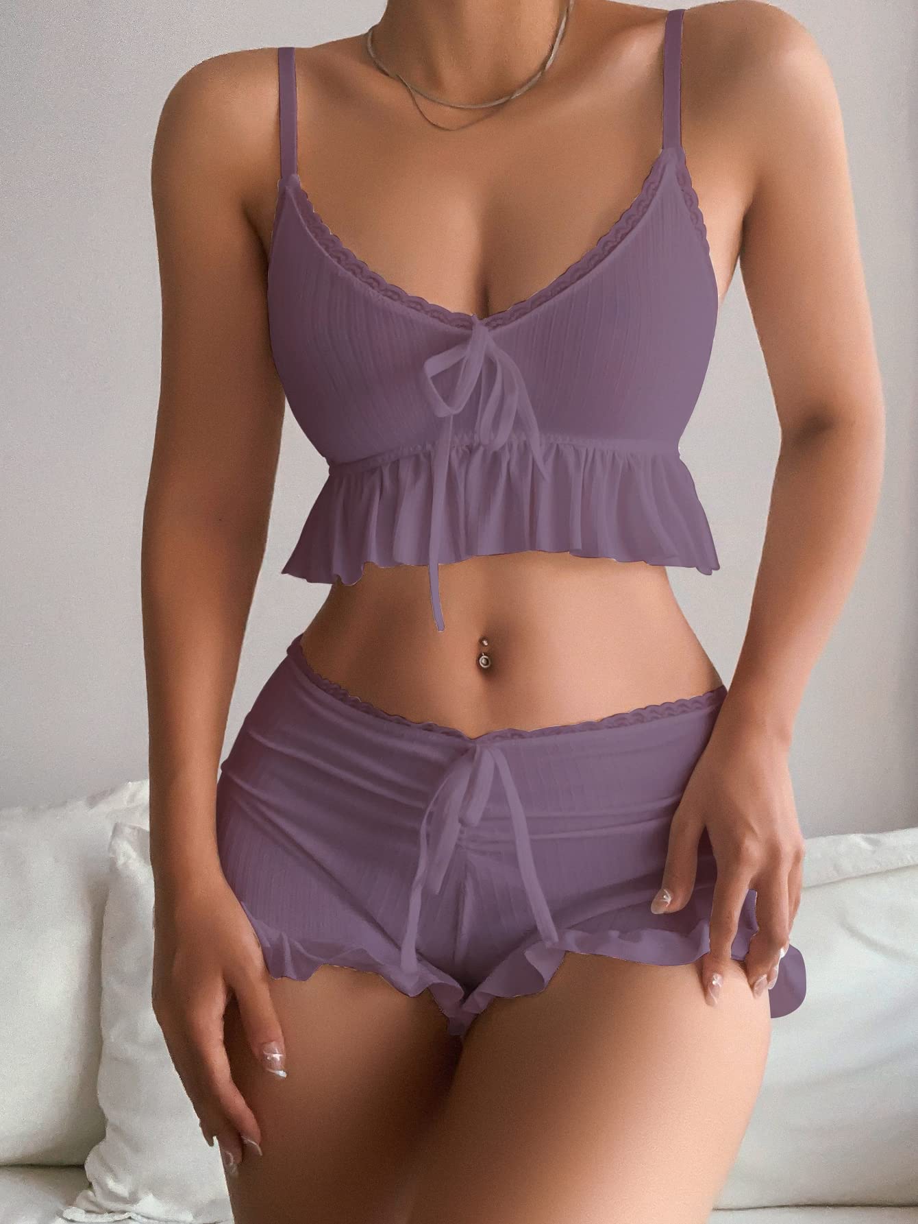 Women's 2 Piece Lingerie Set Pajama Sets Ruffle Trim Tie Front Cami Top and Shorts Sleepwear