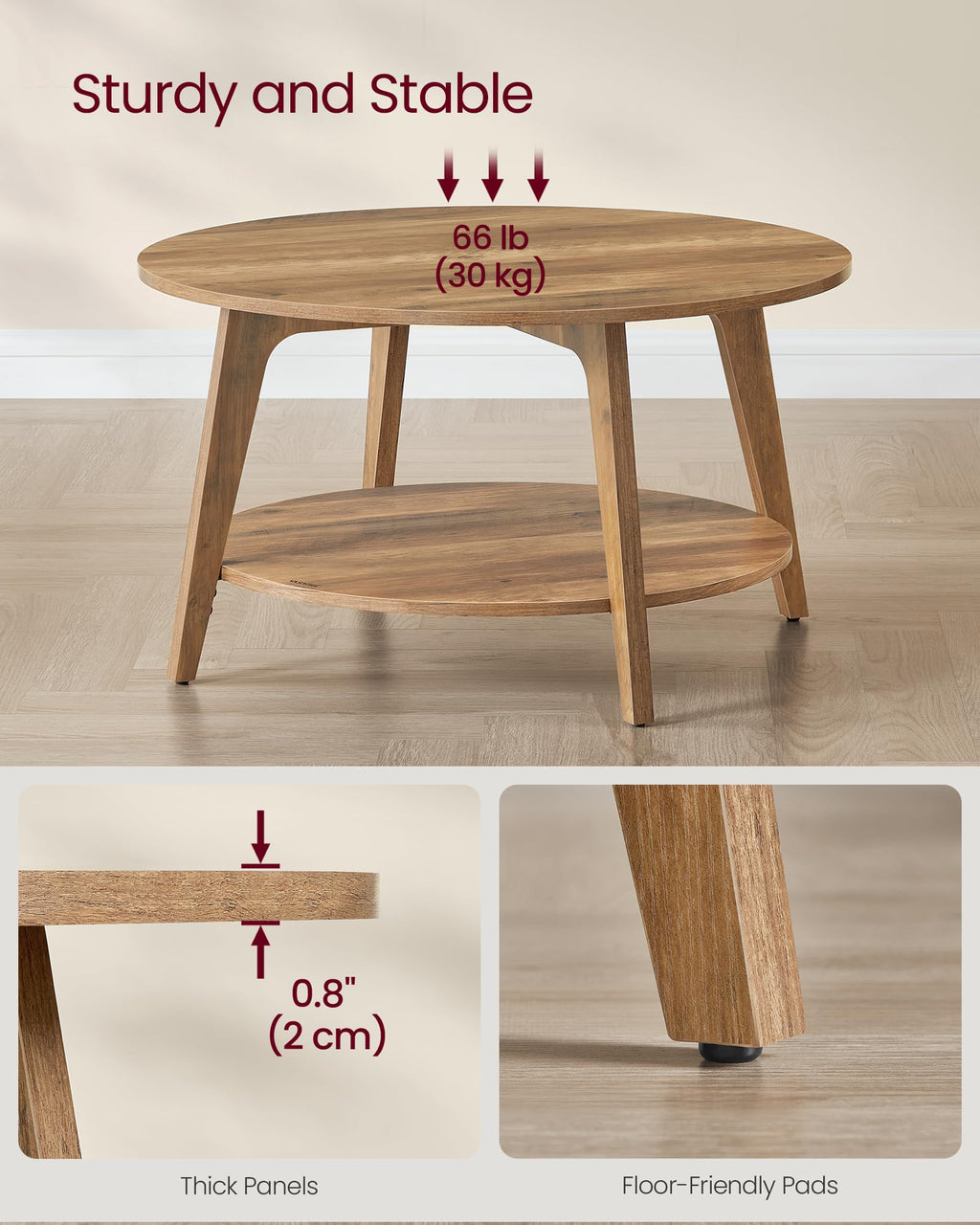 Round Coffee Table, 2 Tier Coffee Table with Storage, for Living Room, 31.5 x 17.7 Inches, Easy to Assemble