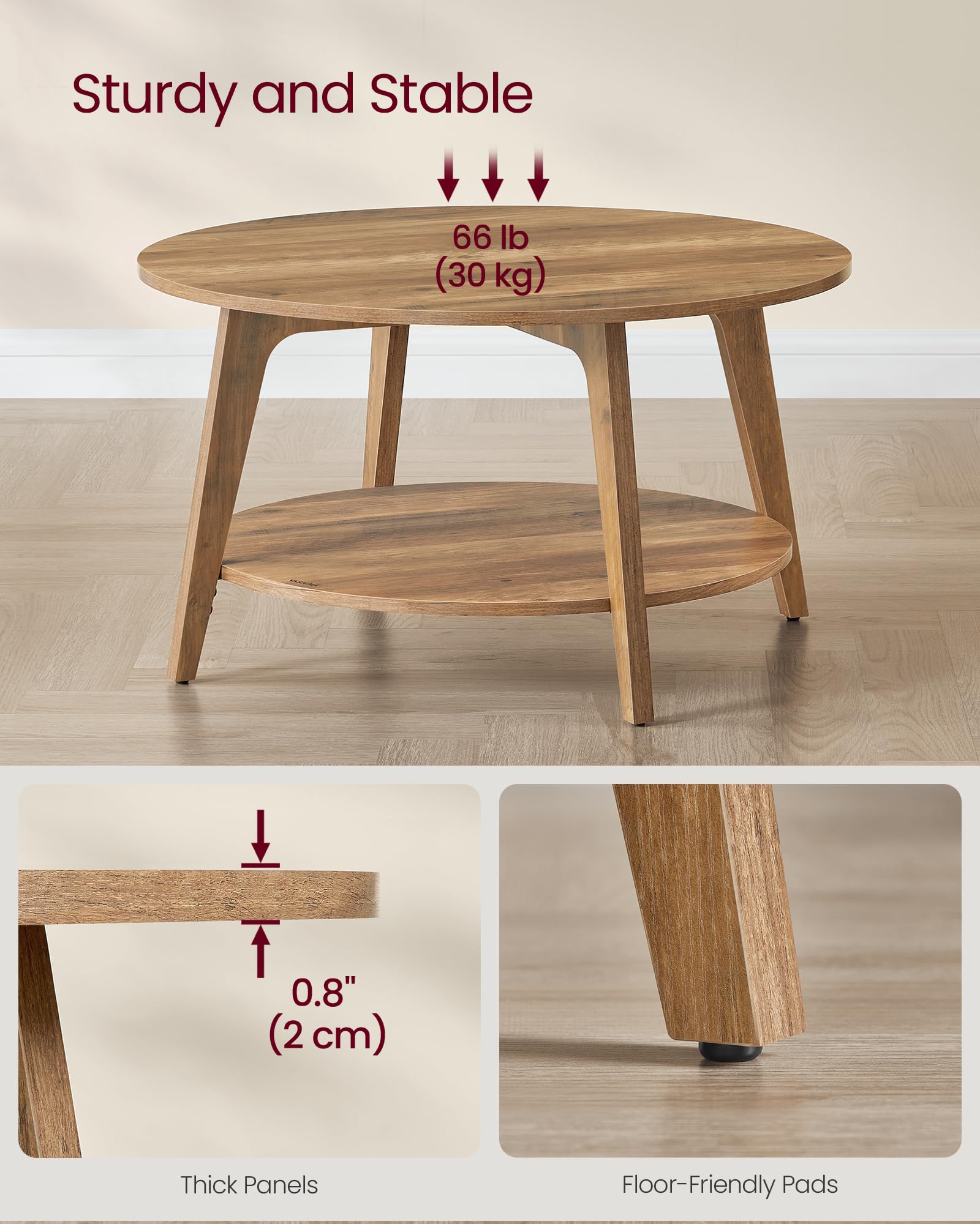Round Coffee Table, 2 Tier Coffee Table with Storage, for Living Room, 31.5 x 17.7 Inches, Easy to Assemble