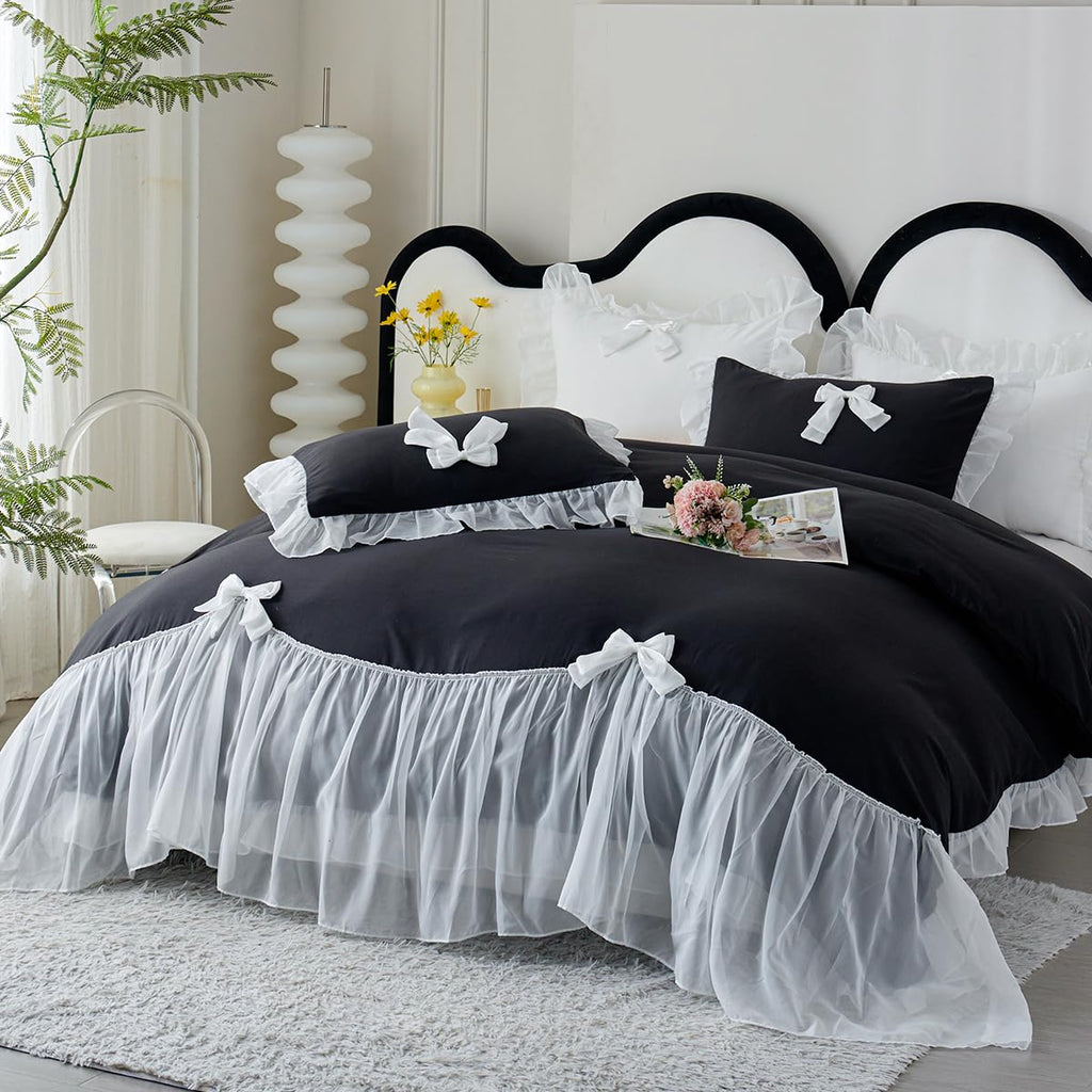Ruffle Duvet Cover Bedding Set with Bowtie, 2 Pieces Comforter Cover Set with Zipper Closure with Pillowcase