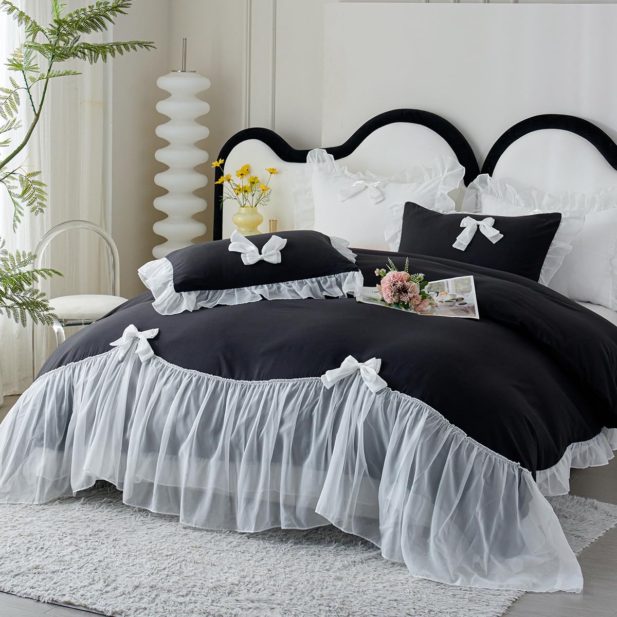 Ruffle Duvet Cover Bedding Set with Bowtie, 2 Pieces Comforter Cover Set with Zipper Closure with Pillowcase