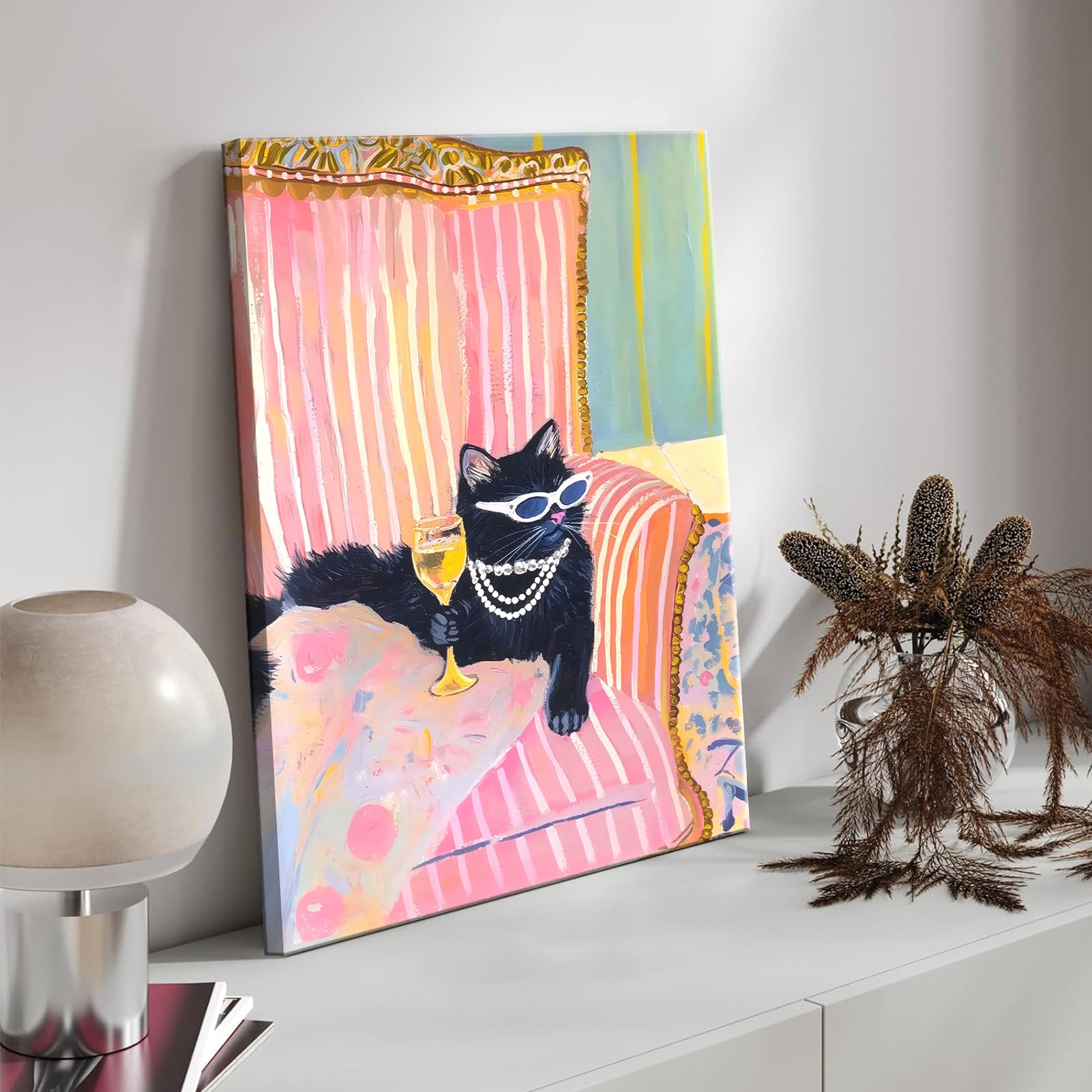 Pink Black Cat With Martini Canvas Wall Art Pink Dopamine Bar Cart Wall Decor Eclectic Coquette Aesthetic Poster Print