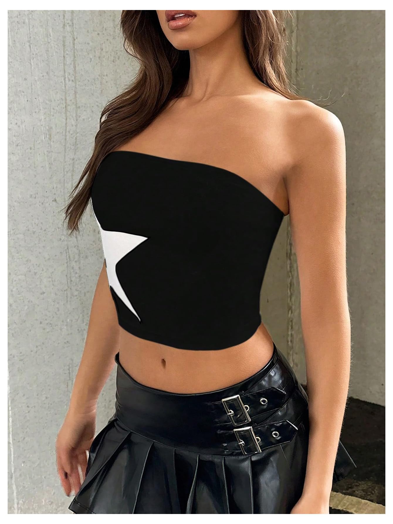 Floerns Women's Sleeveless Strapless Bandeau Star Print Color Block Cropped Tube Tops