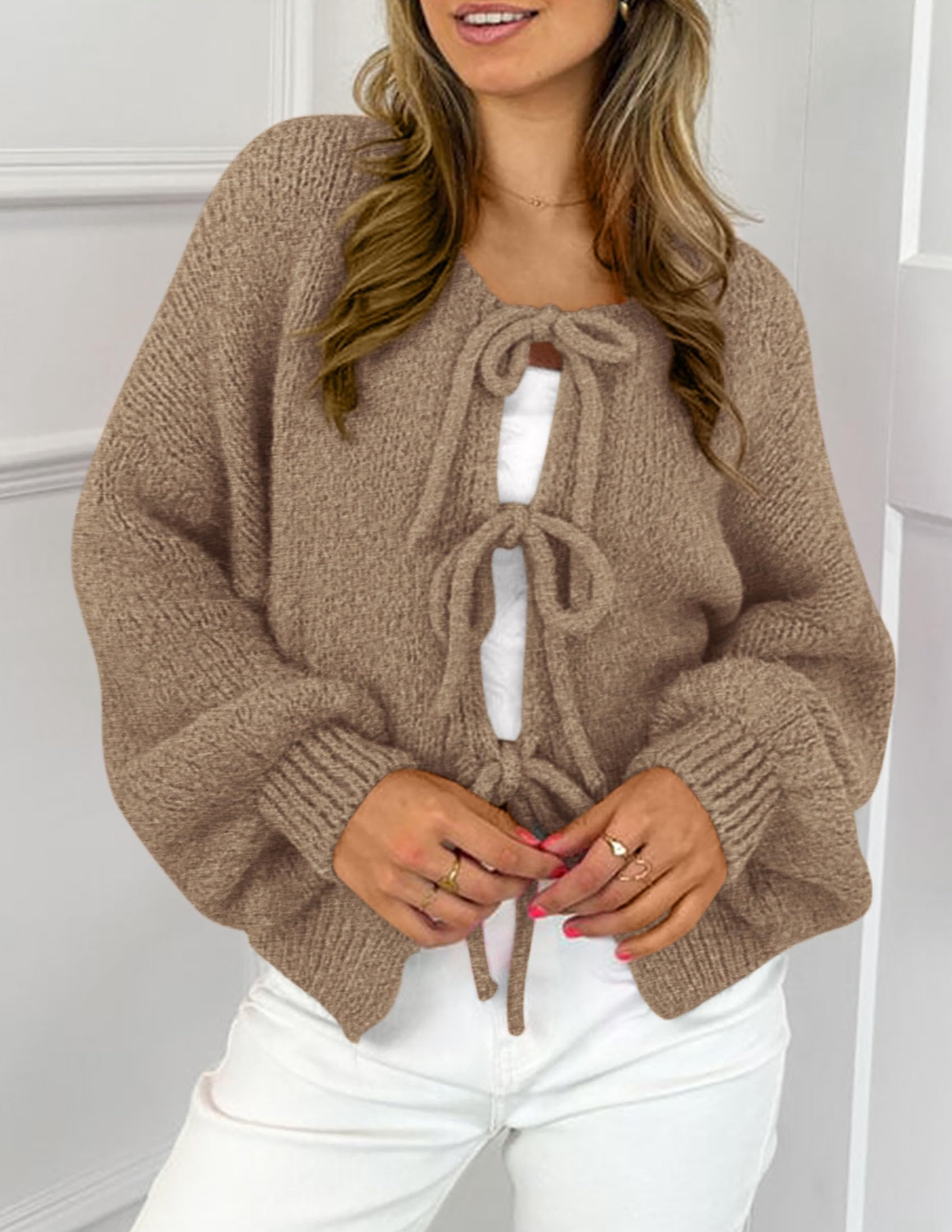 Women's Tie Front Bow Cardigan Sweaters Chunky Knit Long Puff Sleeve
