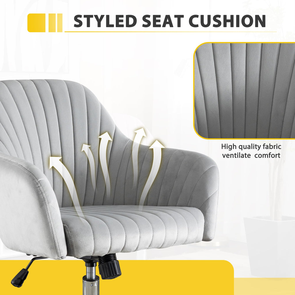 Modern Vanity Velvet Adjustable Low Back Rolling Chair, Twill Upholstered Cute Chair with Wheels