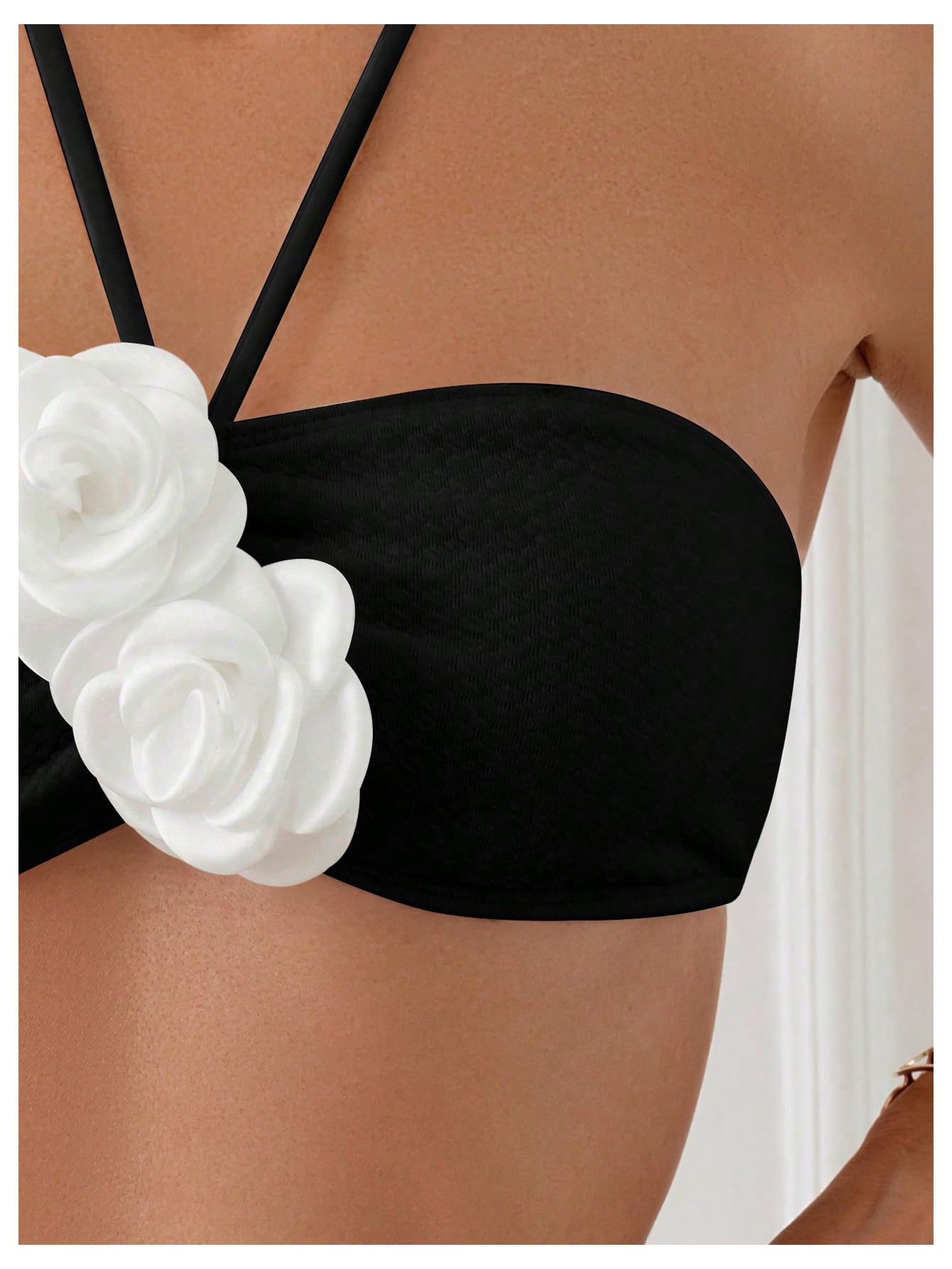 Women's 2 Piece Halter Swimsuit 3D Flower Appliques Bandeau Tummy Control Bikini Set