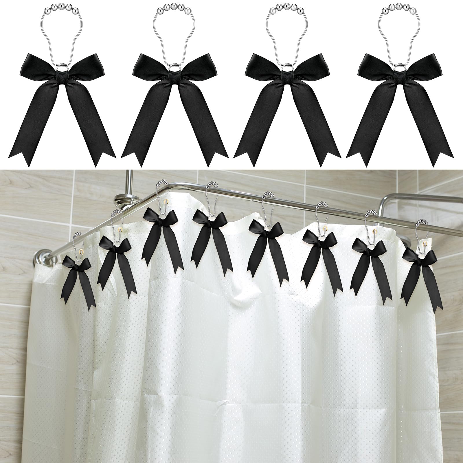 Cute Bow Knot Ribbon Curtain Hooks Decorative Shower Rings Hanger Bathroom Decor Bathroom Accessories 12 Pcs