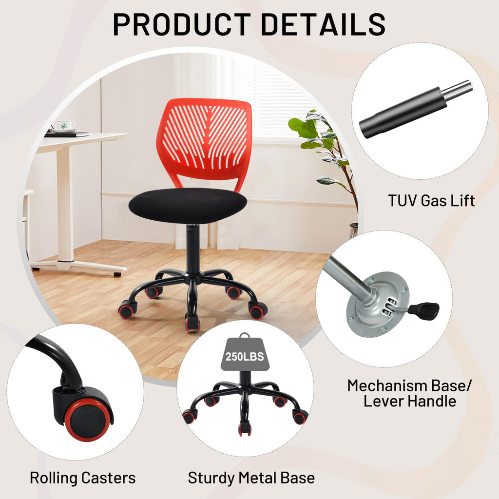 Study Desk Chair Armless Cute, Ergonomic Small Swivel Adjustable Rolling Lightweight Task Chair with Wheels and Mesh Padded Cushion