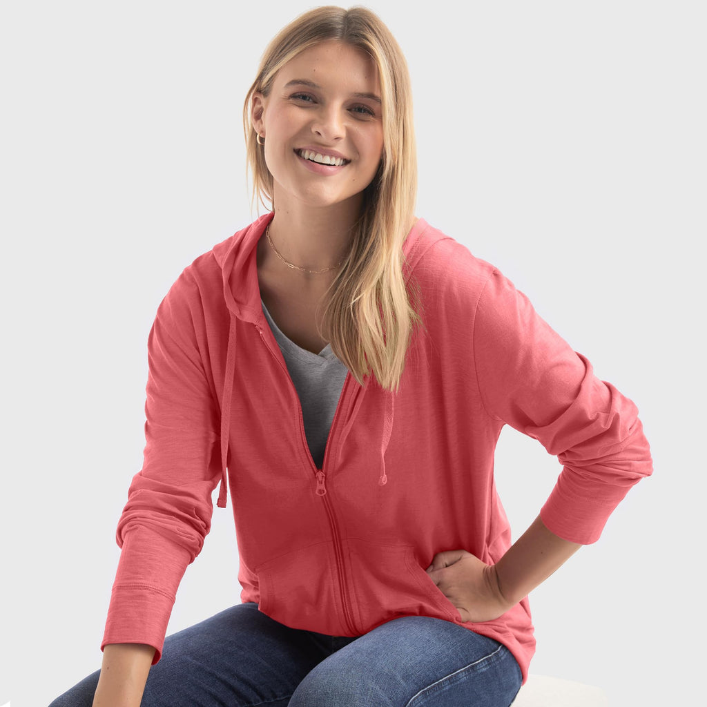 Women's Slub Knit Full-Zip Hoodie, Textured Cotton Zip-Up T-Shirt Hoodie