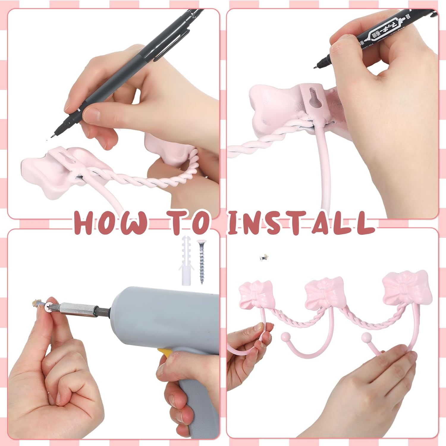 Pink Bow Wall Hooks Hanger for Towel Bag Coat Coquette Pink Bow Wall Decorative with Three Hooks Iron for Living Room Bathroom Bedroom Shower