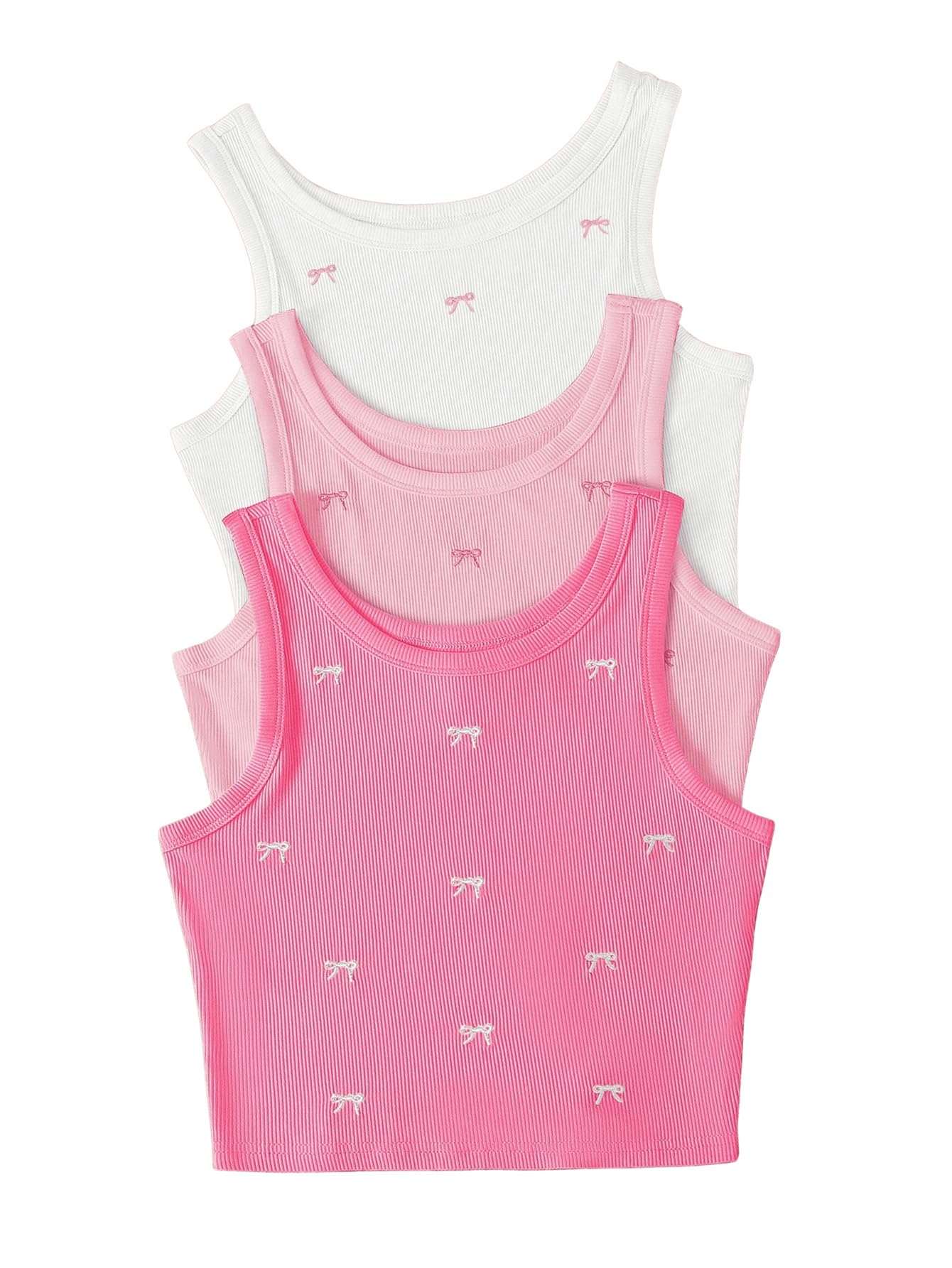 Women's Plus Size 3 Pack Coquette Bow Top Crew Neck Sleeveless Crop Tank Tops