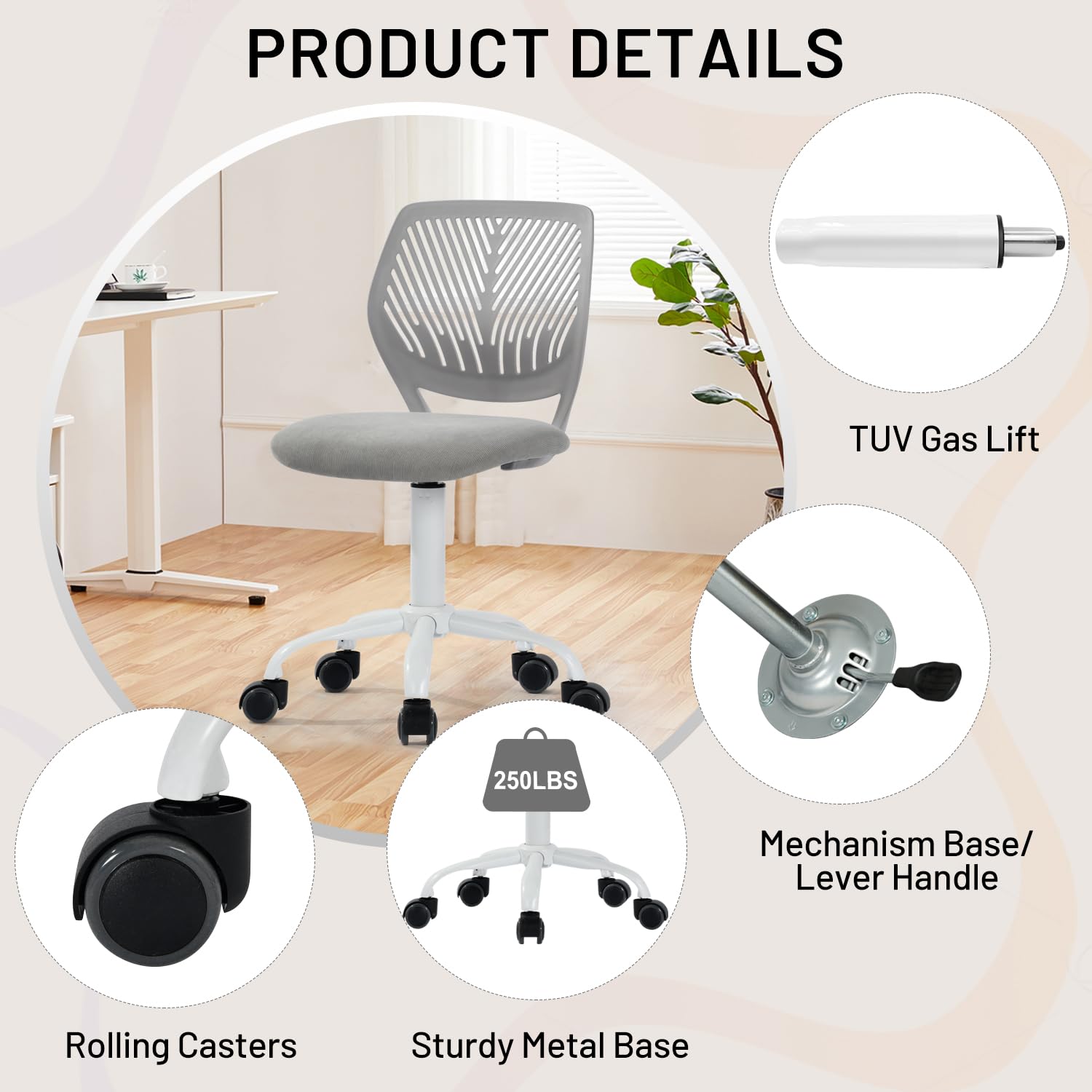 Study Desk Chair Armless Cute, Ergonomic Small Swivel Adjustable Rolling Lightweight Task Chair with Wheels and Mesh Padded Cushion