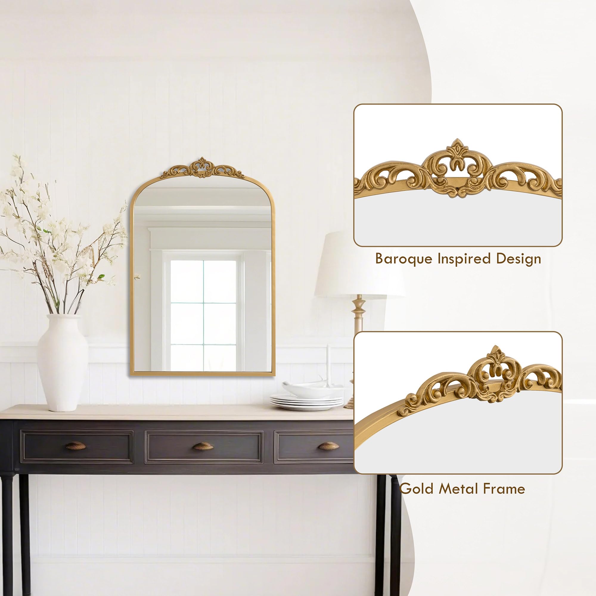 Set Vintage Mirror 36x29 Gold Antique Baroque Arched Ornate Traditional Brass Mirror and 8.5x12 Vintage Vanity
