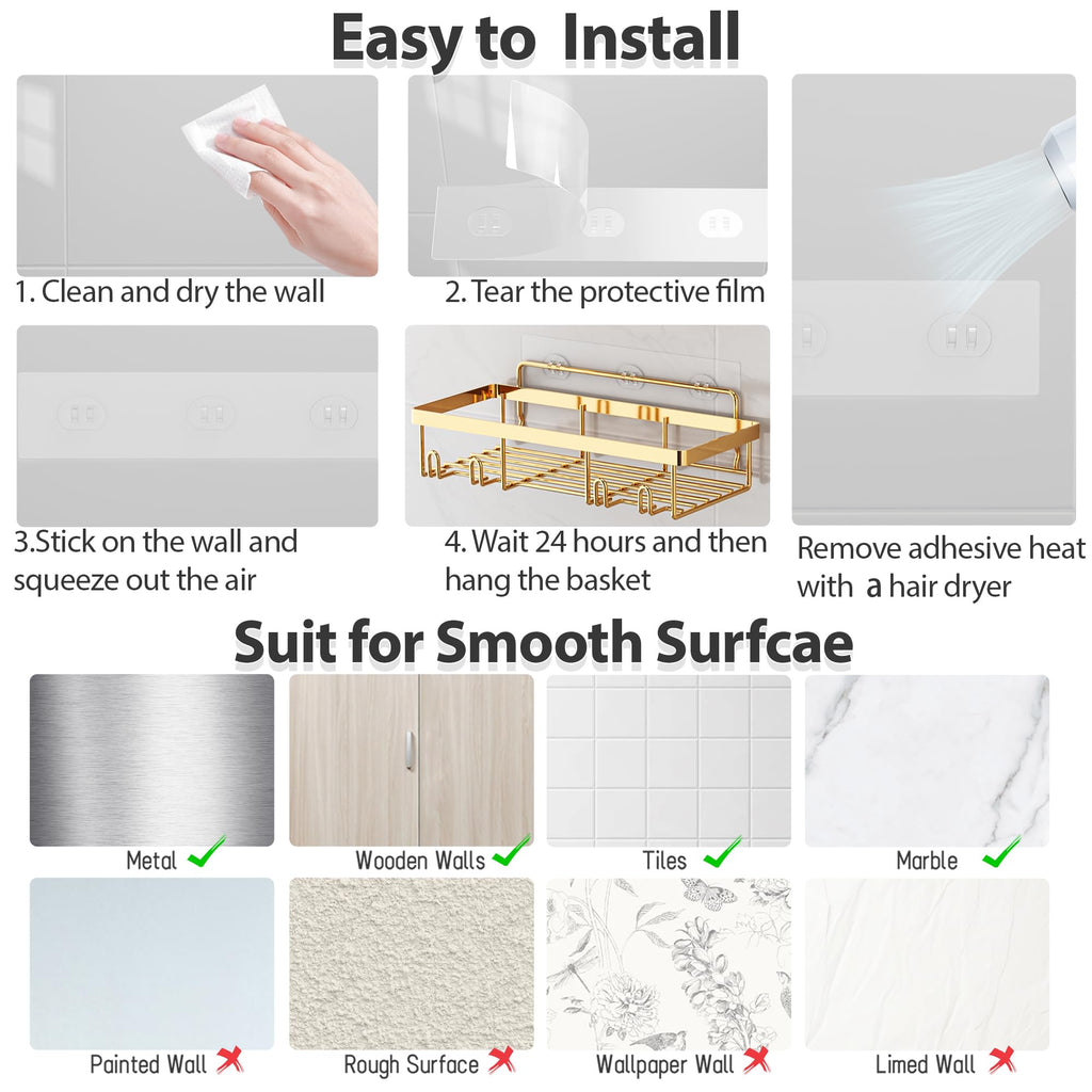 Shower Caddy Organizer Rack Shelf for Inside Shower, Adhesive Bathroom Wall Storage Basket Rustproof Stainless Steel
