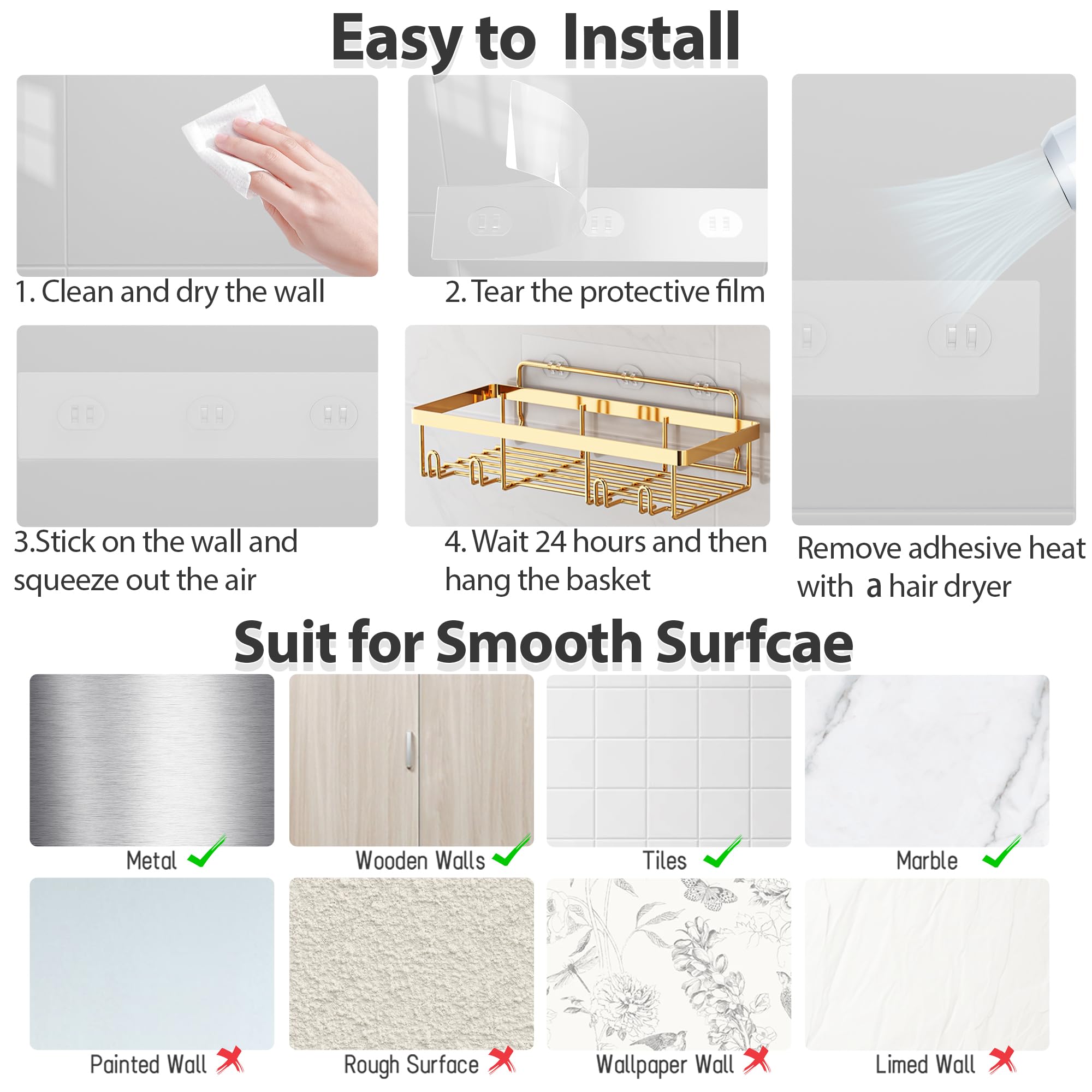 Shower Caddy Organizer Rack Shelf for Inside Shower, Adhesive Bathroom Wall Storage Basket Rustproof Stainless Steel
