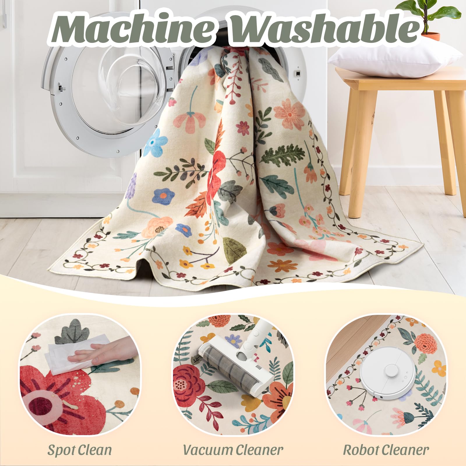 Washable Floral Rugs with Non Slip Backing, Stain Resistant, Floral Soft Low-Pile