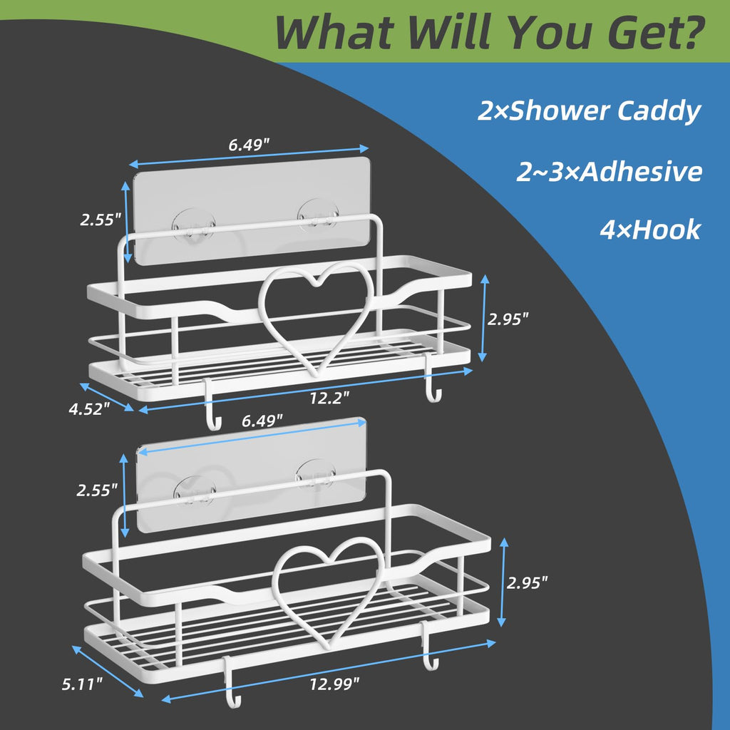Heart Shower Caddy with 4 Removable Hooks, 2 Pack Sweet Heart Shower Shelves, No Drilling Adhesive Organizer Shelf