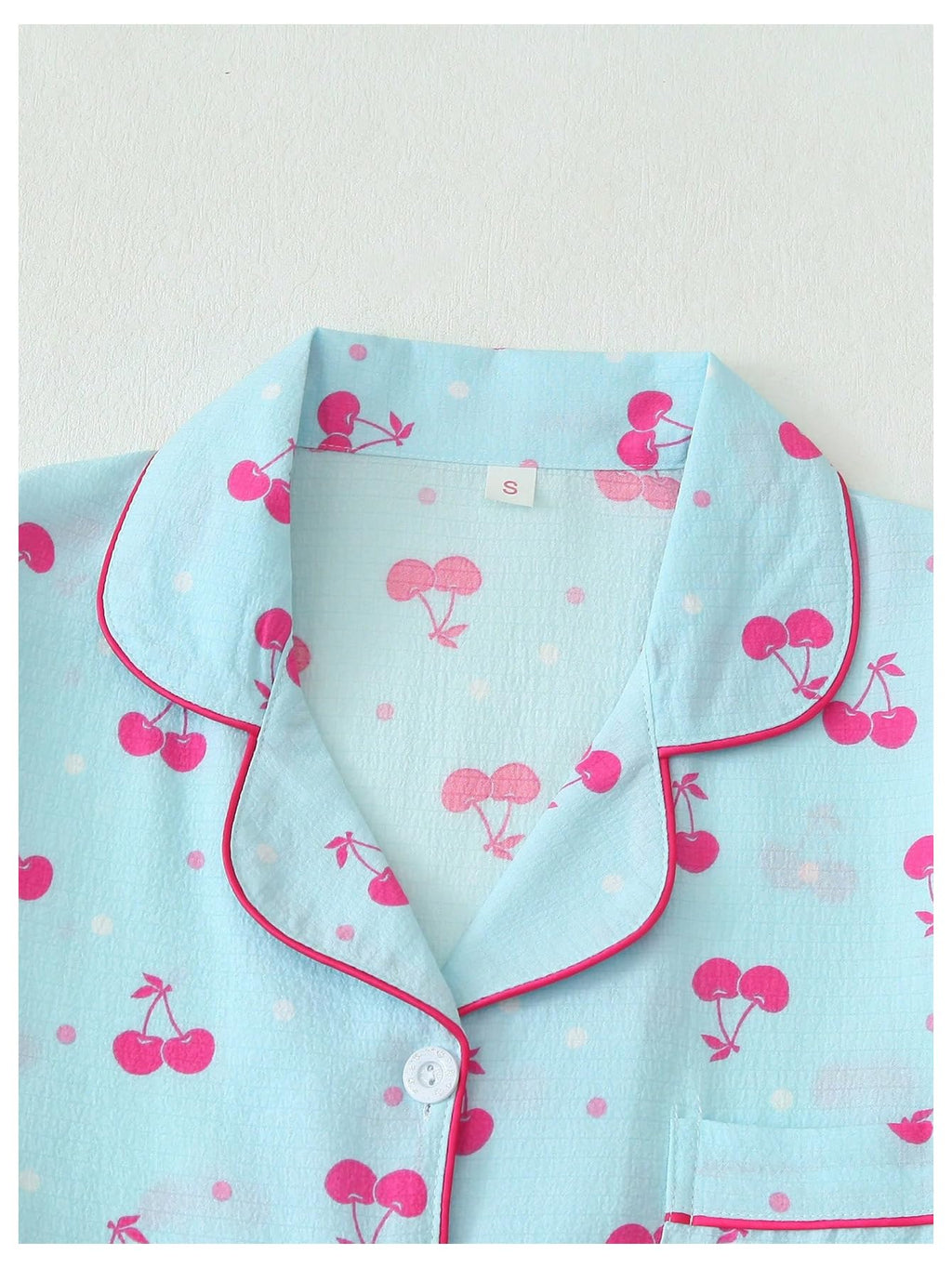 Women's Cherry Print Pajama Set Coquette Bow Collar Button Down Short Sleeve Cute Pjs Shorts Set