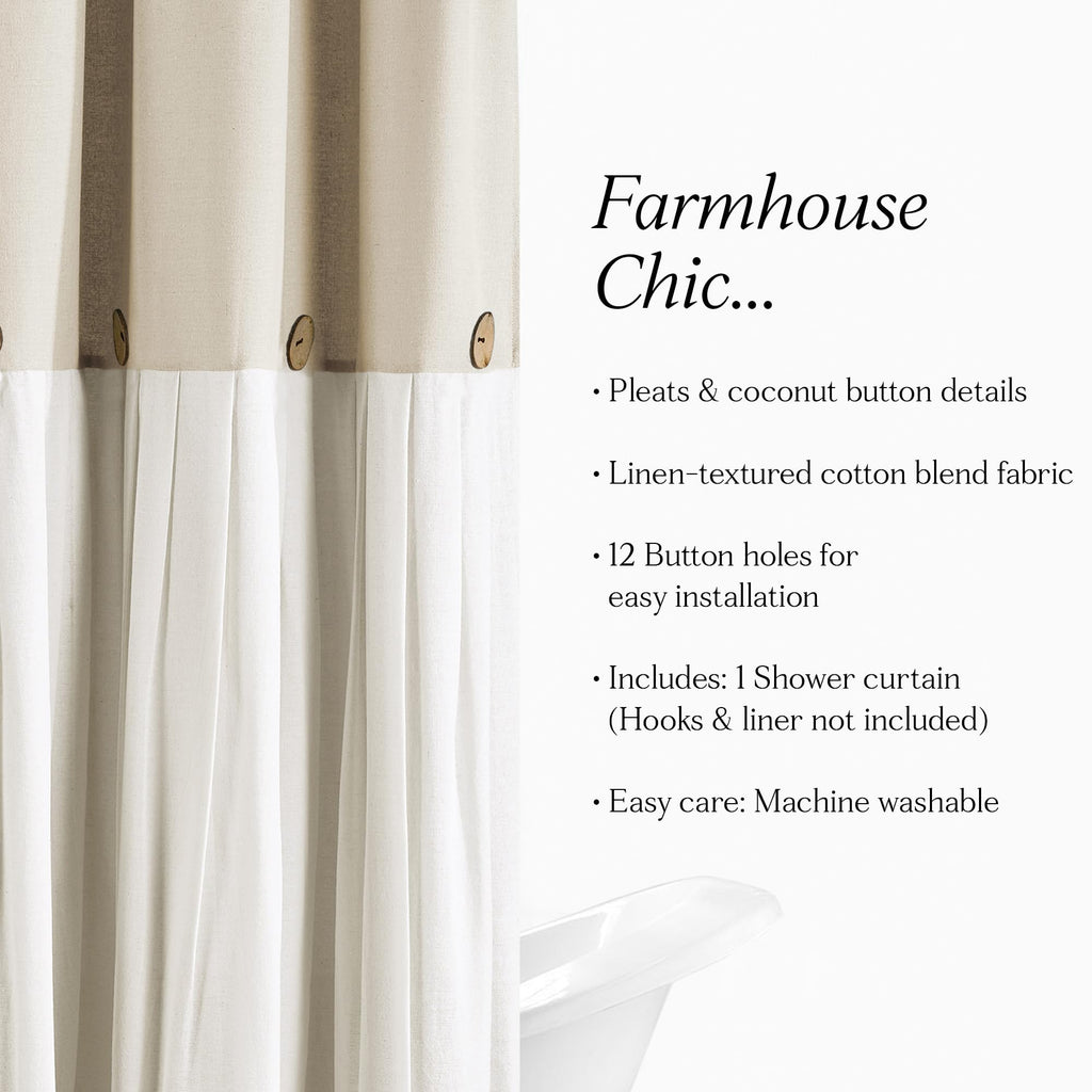 Lush Decor Linen Button Shower Curtain, 72" W x 72" L, Fabric Shower Curtains