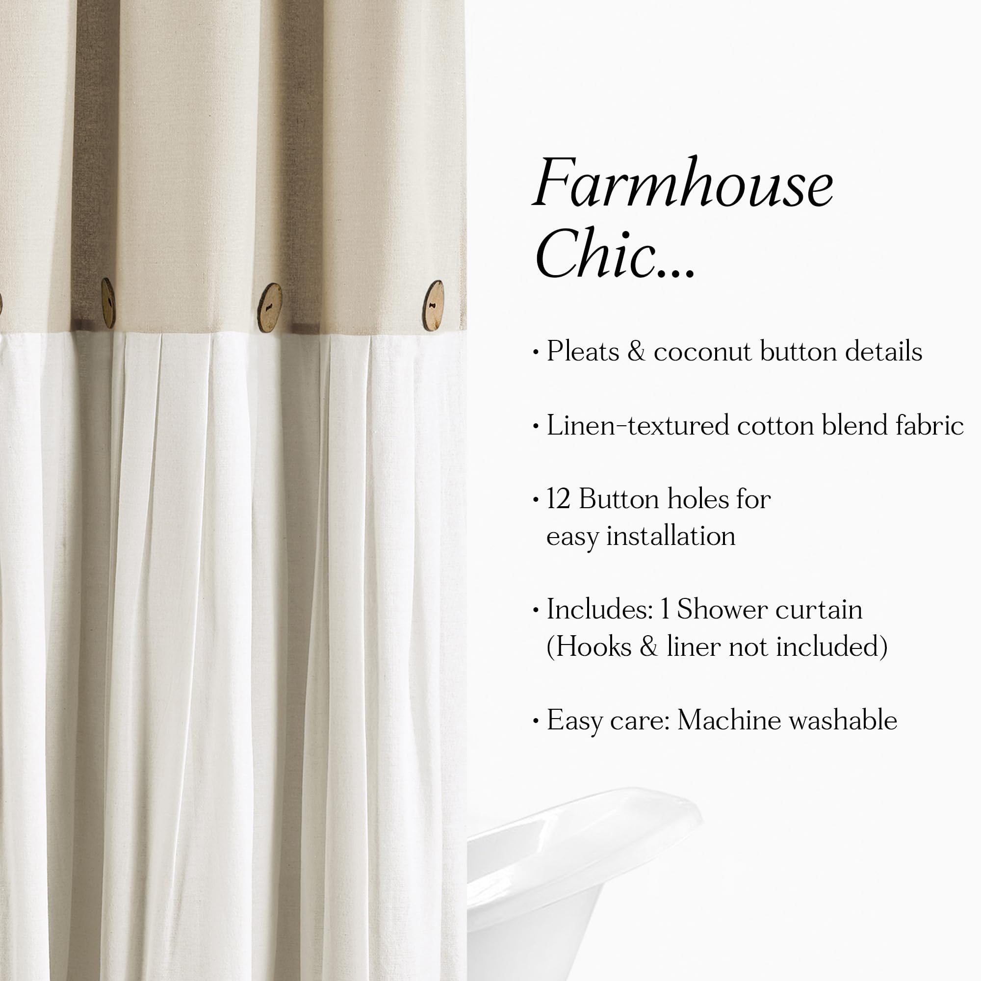 Lush Decor Linen Button Shower Curtain, 72" W x 72" L, Fabric Shower Curtains