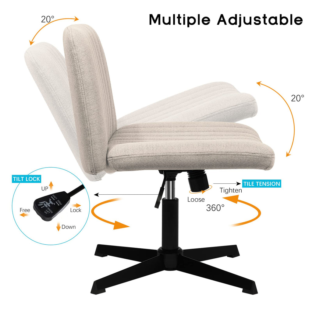 Criss Cross Chair, Armless Cross Legged Office Desk Chair No Wheels, Fabric Padded Modern Swivel Height Adjustable Mid Back Wide Seat