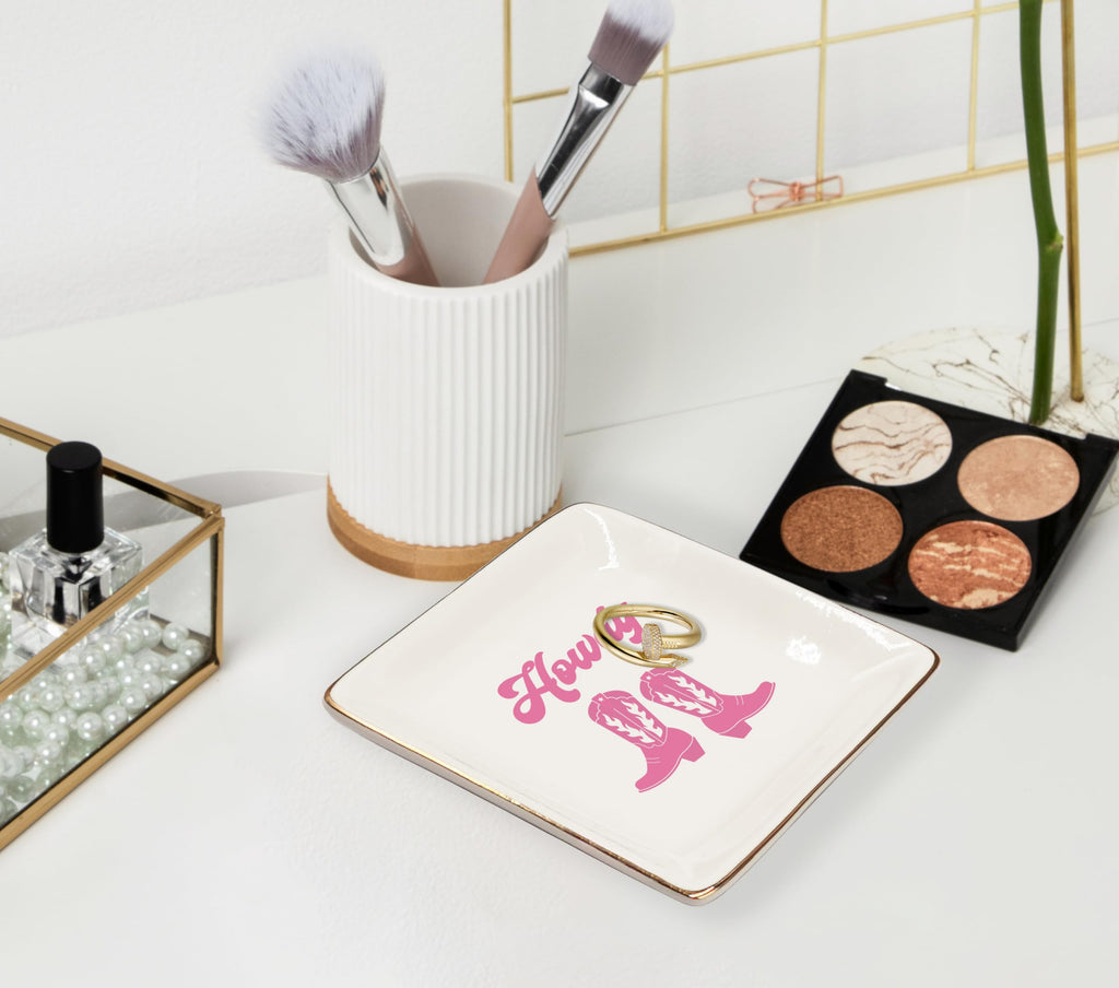 Ceramic Jewelry Tray Dish, Pink Print Jewelry Plate Trinket Dish