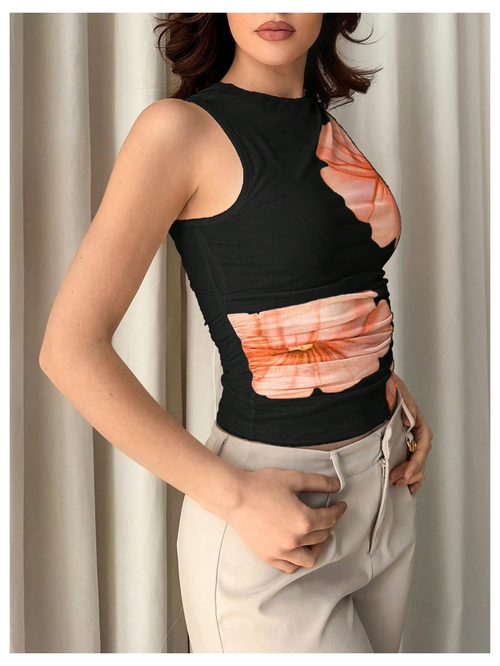 Women's Flower Print Mesh Top Sleeveless Mock Neck Ruched Tank Tops