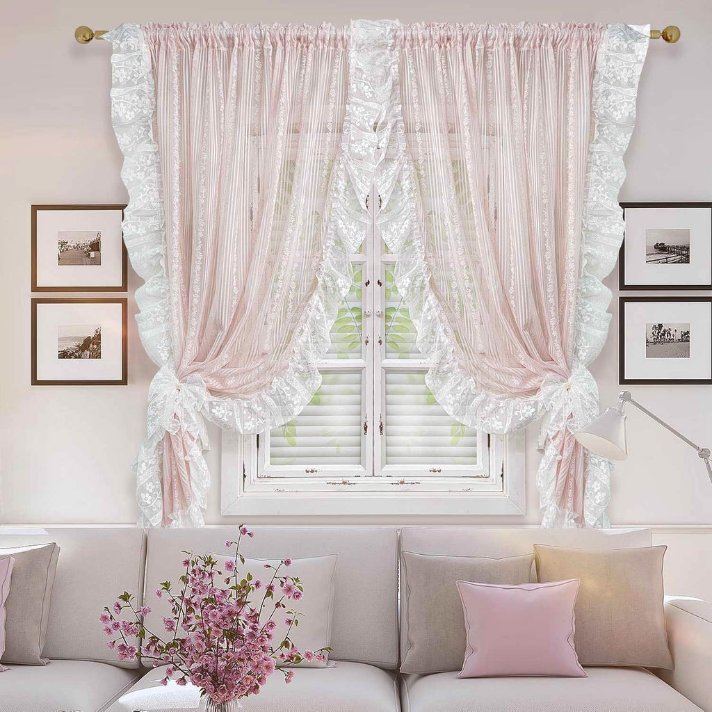 Floral Embroidery Sheer Lace Curtain with Ruffle Trim Romantic Gauze Curtains