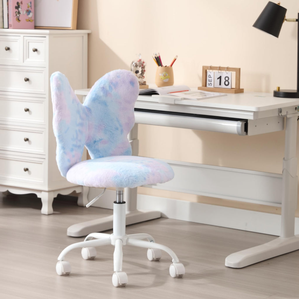 Kids Desk Chair Butterfly Faux Fur Study Chair Adjustable Vanity Chair, Small Cute Student Task Chair with White Foot