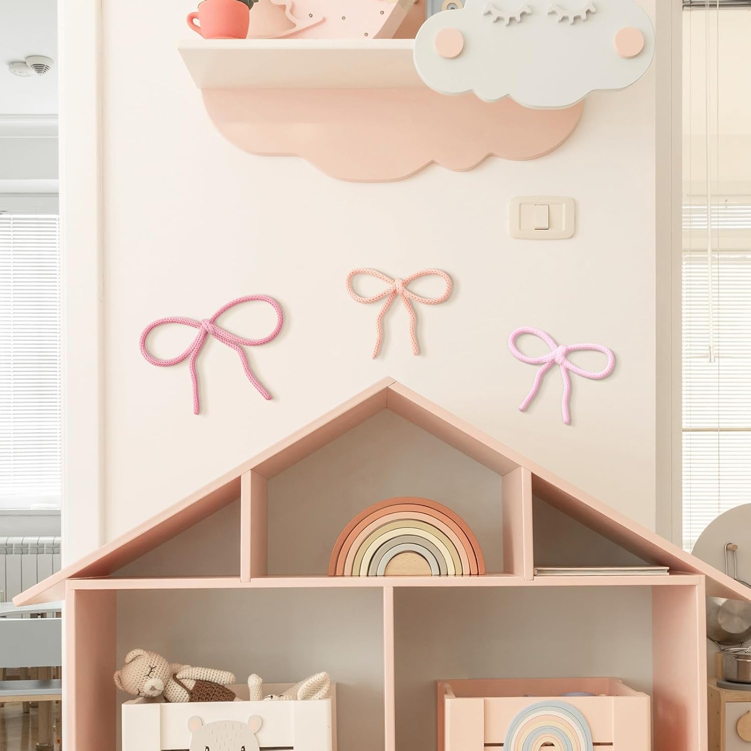 Pink Bow 3 Pcs Boho Bow Wall Decor - Coquette Room Decor Woven Macrame Wall Hanging 2 Size Pink Preppy Decoration