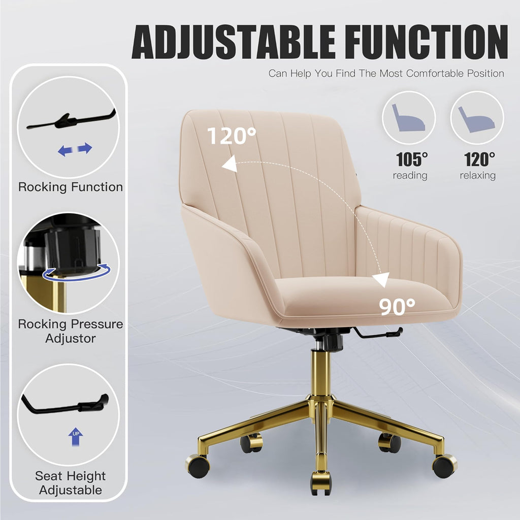 Velvet Modern Cute Chair with Back, Height Adjustable Upholstered Vanity Chair with Swivel Wheels