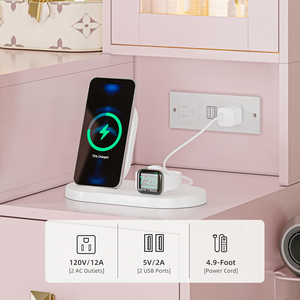 Vanity Desk with Mirror and Lights, Pink Makeup Vanity with 5 Drawers Hidden Jewelry Organizer& LED Glass Cabinet, 3 Lights Mode and Brightness Adjusted,Vanity Mirror with Lights Desk and Chair