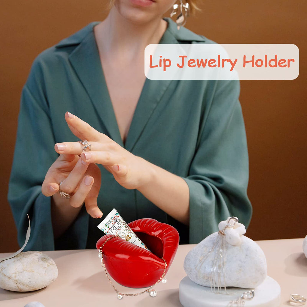 Ceramic Lips Lipstick Ring Holder Jewelry Tray Rack Decorative Cosmetic Storage Display Holder Desktop