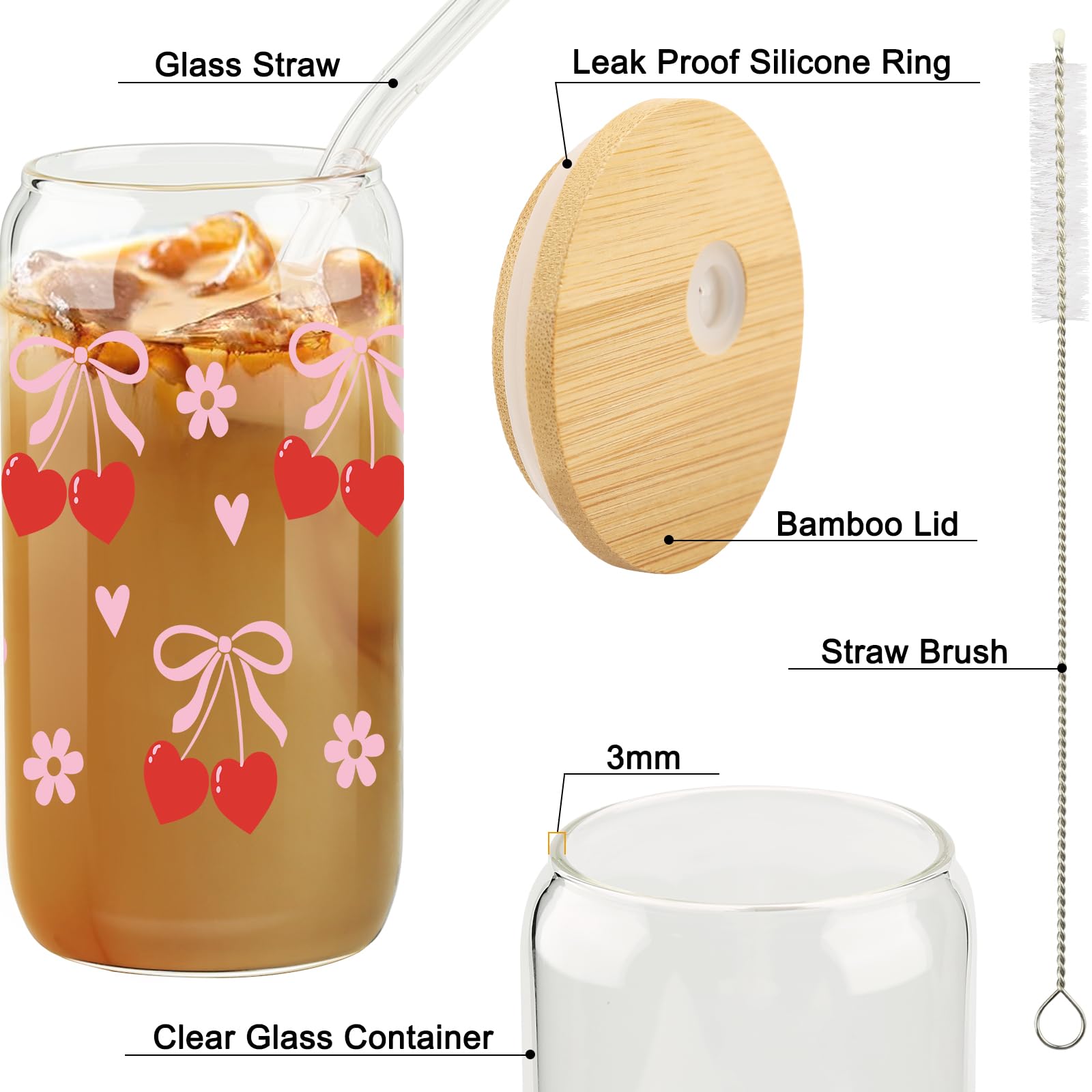Cherry Bow Cup, Birthday Gifts for Women, Girly Gifts for Her, Sister, Mom, Colleague - 16 OZ Glass Tumbler with Straw & Lid, Coquette Iced Cup