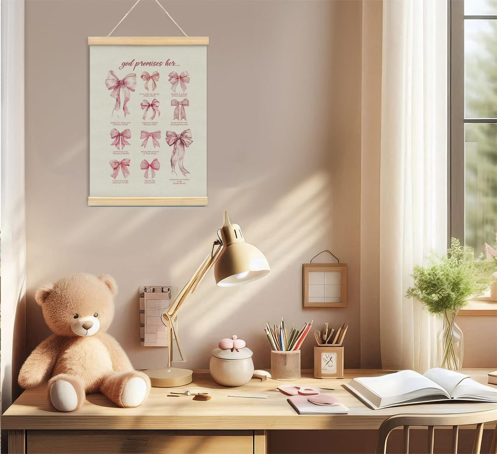 Trendy Bows Pink Coquette Scripture Wall Art Poster Hanger Frame, Christian Bible Verses Posters Wall Art Decor