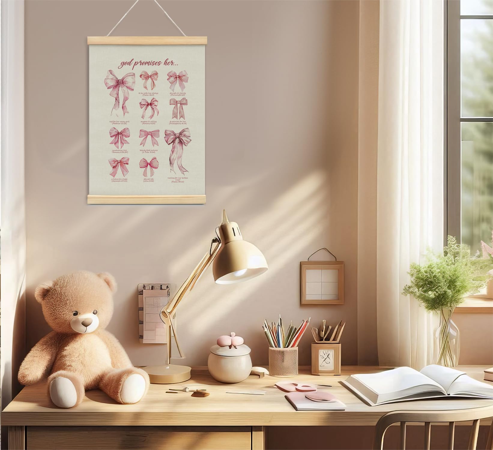 Trendy Bows Pink Coquette Scripture Wall Art Poster Hanger Frame, Christian Bible Verses Posters Wall Art Decor